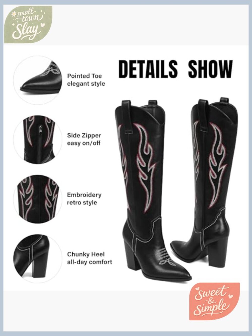 Knee High Cowboy Boots Pointed Toe Chunky Heel Side Zip Western Boots - Picture 6 of 7